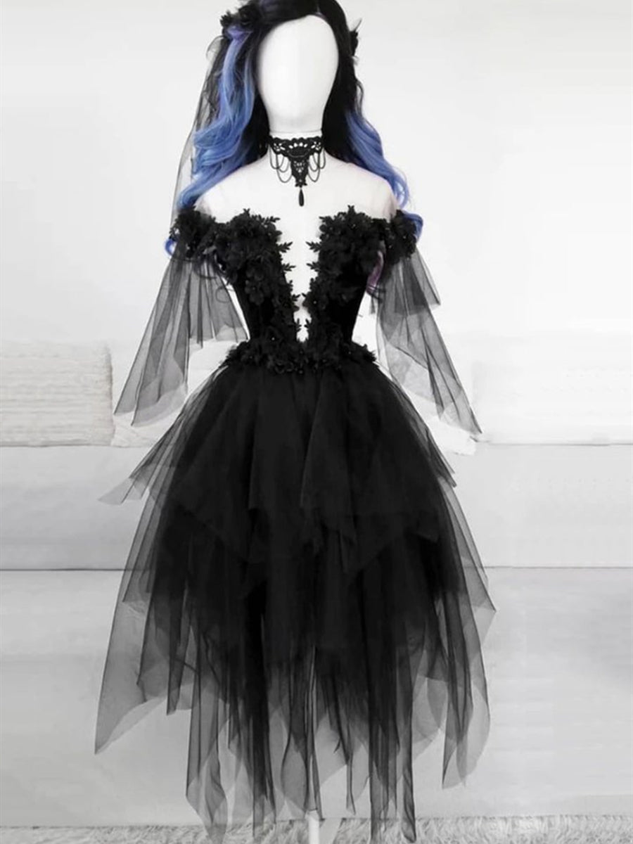 Elegant Off-Shoulder Black Lace Prom Dress with Fluffy Skirt for Homecoming