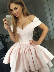 Cute Off Shoulder Layered Pink Homecoming Short Prom Evening Dress