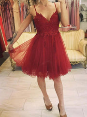 Elegant V-Neck Darted Red Lace Short Prom Dress, Dark Red Formal Graduation Homecoming Gown