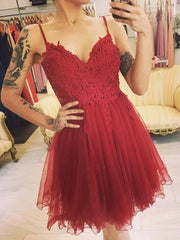 Elegant V-Neck Darted Red Lace Short Prom Dress, Dark Red Formal Graduation Homecoming Gown