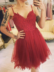 Elegant V-Neck Darted Red Lace Short Prom Dress, Dark Red Formal Graduation Homecoming Gown