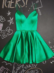 Elegant V-Neck Green Satin Short Prom Dress with Flared A-Line Skirt