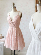 Charming Pink & White Lace Short Prom Dress with V-Neck and A-Line Skirt