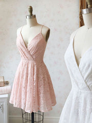 Charming Pink & White Lace Short Prom Dress with V-Neck and A-Line Skirt
