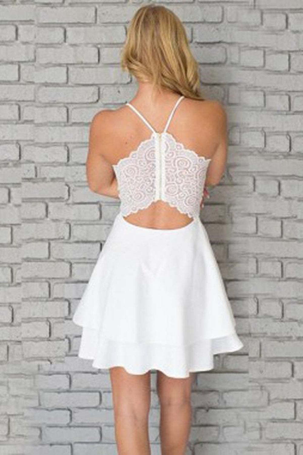 Elegant V-Neck White Short Prom Dress with Lace Back for Homecoming Events