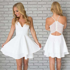 Elegant V-Neck White Short Prom Dress with Lace Back for Homecoming Events