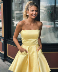 Charming Yellow Satin Strapless Short Prom Dress with Pockets