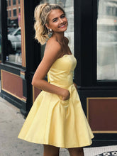 Charming Yellow Satin Strapless Short Prom Dress with Pockets