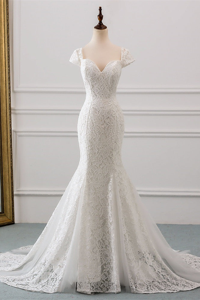 Elegant Sweetheart Lace Mermaid Wedding Gown with Cap Sleeves and Train