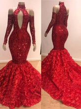 Elegant Burgundy High Collar Long Sleeve Sequin Mermaid Prom Dress