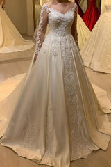 A-Line Sweetheart Neck Wedding Dress Long Sleeves Pearl Satin Appliques Lace