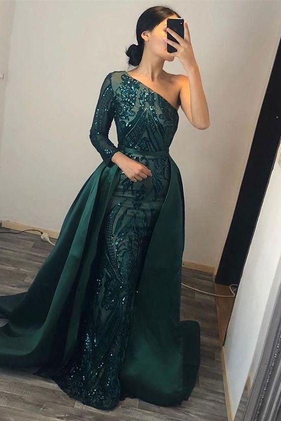 Elegant Dark Green One-Shoulder Mermaid Prom Dress with Overskirt and Sequins