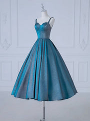 Elegant A-Line Sweetheart Satin Tea-Length Blue Prom Dress for Formal Occasions