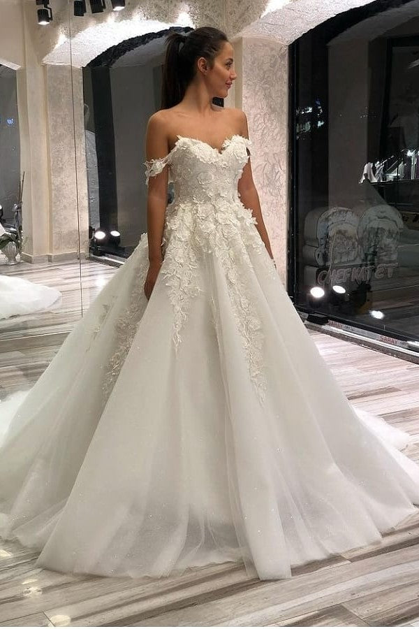 A-Line Sweetheart Off-the-Shoulder Wedding Dress with Lace Appliques and Tulle