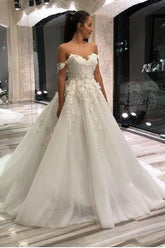 A-Line Sweetheart Off-the-Shoulder Wedding Dress with Lace Appliques and Tulle