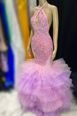 Sparkling Sequin Halter Mermaid Prom Dress with Tulle Skirt Entrance