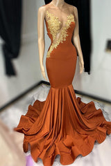 Sleeveless Tulle Mermaid Brown Prom Dress with Appliques - Elegant Long Gown