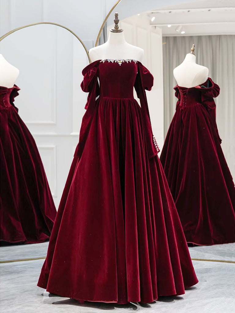 Elegant A-Line Long Sleeves Velvet Burgundy Prom Dress with Exquisite Beads