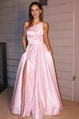 Pink One Shoulder Long Prom Dress with Slit and Pockets Evening Gown