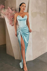 Elegant Sky Blue V-Neck Long Prom Gown with Thigh-High Split for Women