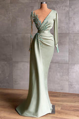 Elegant Satin V-Neck Beaded Applique Mermaid Evening Gown with Long Sleeves