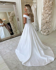 Elegant Off-Shoulder Sweetheart A-Line Wedding Dress with Satin Chapel Train