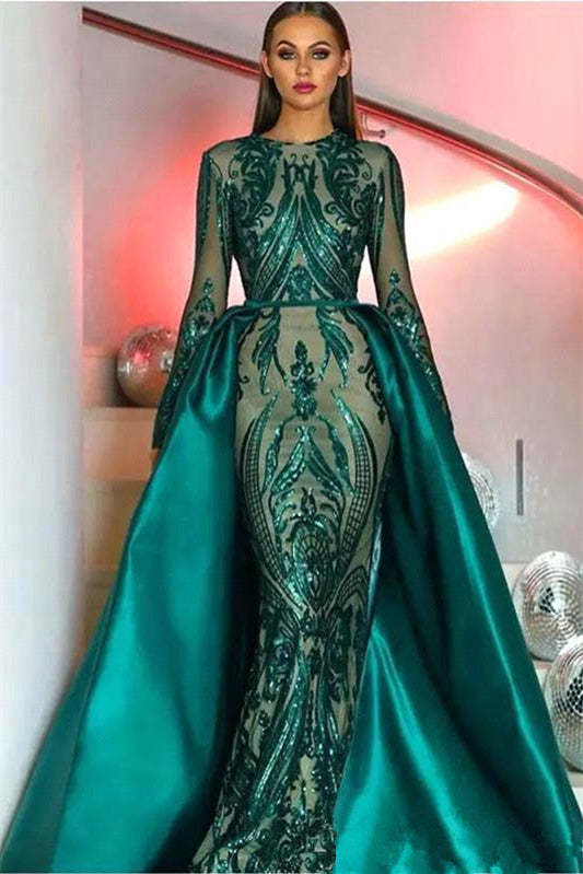 Emerald Green Long Sleeves Mermaid Sequin Prom Dress with Detachable Skirt