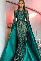 Emerald Green Long Sleeves Mermaid Sequin Prom Dress with Detachable Skirt