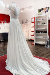 Long A-Line Satin Wedding Dress Jewel Open Back Ruffles Appliques