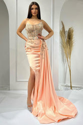 Charming Strapless Ruched Satin Mermaid Prom Dress with Side Split and Sweep Train