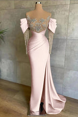 Elegant Pink Off-Shoulder Mermaid Prom Dress with Beaded Appliques & Front Slit