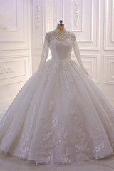 Elegant A-Line High Neck Long Sleeve Wedding Dress with Exquisite Lace Appliques