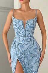 Elegant Blue Sequin Mermaid Prom Dress with Spaghetti Straps and High Split