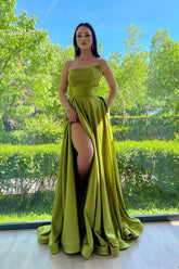 Elegant Empire Waist Strapless A-Line Split Long Prom Dress Evening Gown