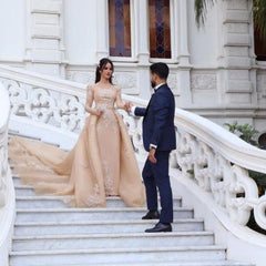 Elegant Long Sleeve Bateau Detachable Tulle Wedding Dress with Cathedral Train