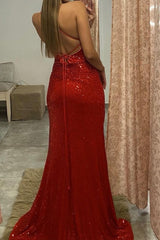 Red Sequin Spaghetti Strap Evening Dress with Slit Formal Gown