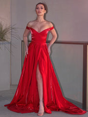 Elegant Red Off-Shoulder Long Evening Gown with High Split for Prom
