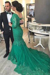 Emerald Green Lace Applique Mermaid Prom Dress V-Neck 3/4 Sleeves Gown