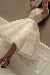 Elegant Short A-Line Wedding Dress with Jewel Neck, Sleeves, Tulle, and Lace