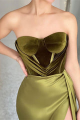 Elegant Olive Green Strapless Mermaid Evening Gown with Thigh-High Split