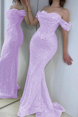 Dazzling Beaded Sweetheart Mermaid Evening Dress Sequins Off-Shoulder Floor-Length Prom Dress with Train