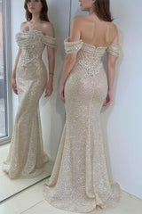 Dazzling Beaded Sweetheart Mermaid Evening Dress Sequins Off-Shoulder Floor-Length Prom Dress with Train