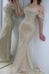 Dazzling Beaded Sweetheart Mermaid Evening Dress Sequins Off-Shoulder Floor-Length Prom Dress with Train