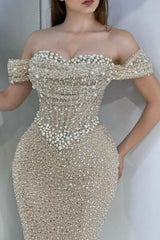 Dazzling Beaded Sweetheart Mermaid Evening Dress Sequins Off-Shoulder Floor-Length Prom Dress with Train