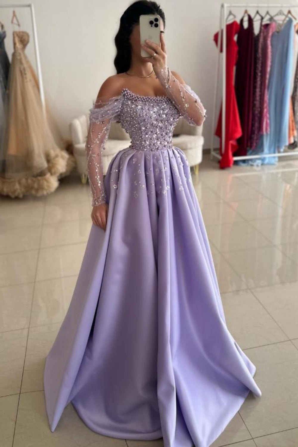 Dazzling Off-Shoulder Beaded Sequin Satin A-Line Prom Dress for Women
