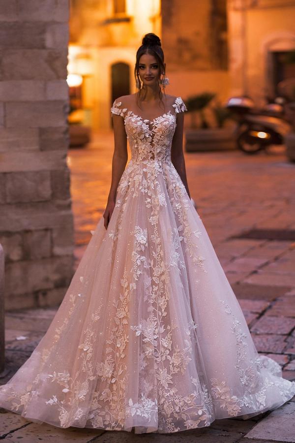 Elegant A-Line Bateau Sequin Wedding Gown with Delicate Lace Appliques and Backless Design