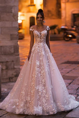 Elegant A-Line Bateau Sequin Wedding Gown with Delicate Lace Appliques and Backless Design