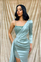 Elegant Light Green Sequin Mermaid One-Shoulder Long Sleeve Formal Dress