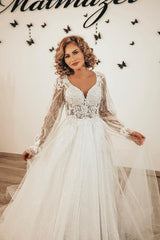 A-Line Sweetheart Long Sleeves Wedding Dress with Lace Appliques and Tulle