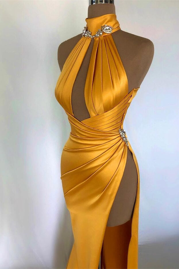 Elegant Champagne Gold Evening Dress with Off-Shoulder High Neck and Pleated Slit
